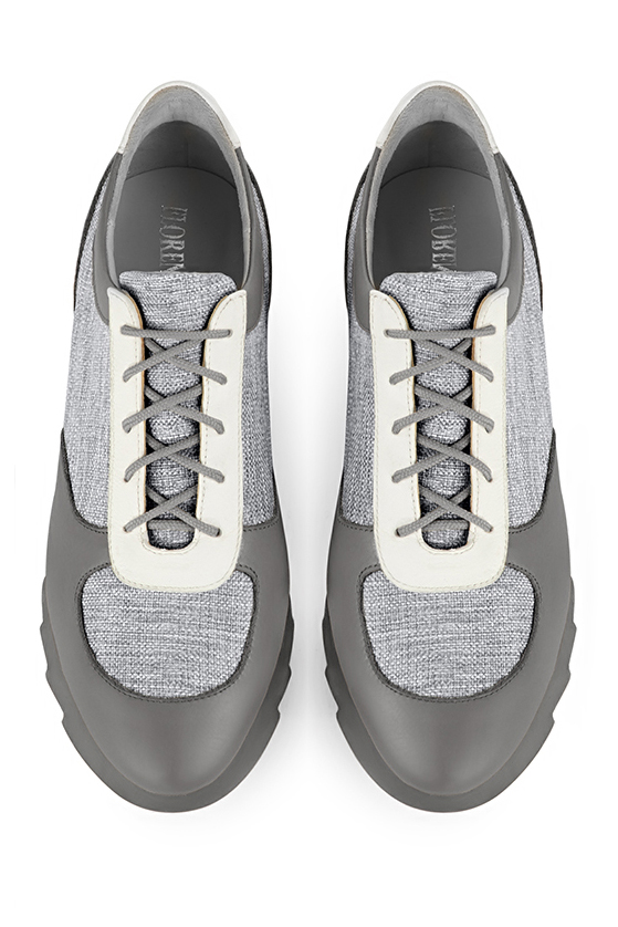 Ash grey and off white women's three-tone elegant sneakers. Round toe. Low rubber soles. Top view - Florence KOOIJMAN